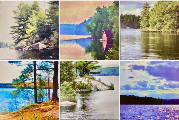 A collage of different painted lake scenes.
