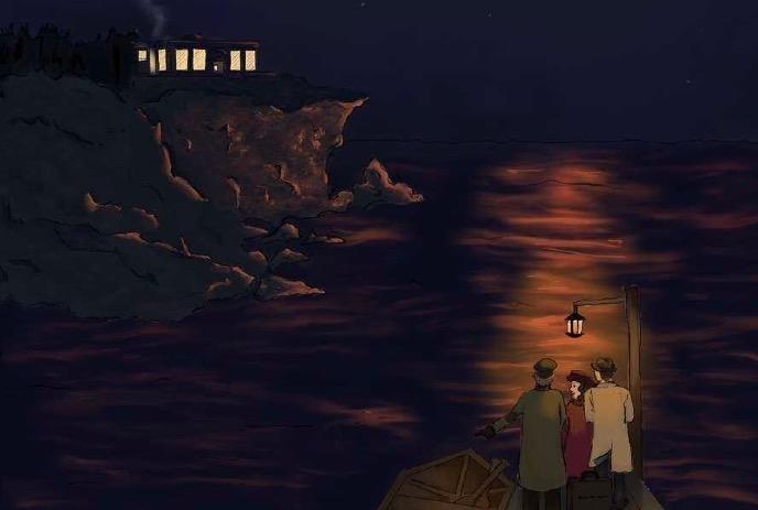 Three people stand on a dock at night, gazing at a lit house, its glow reflecting beautifully.