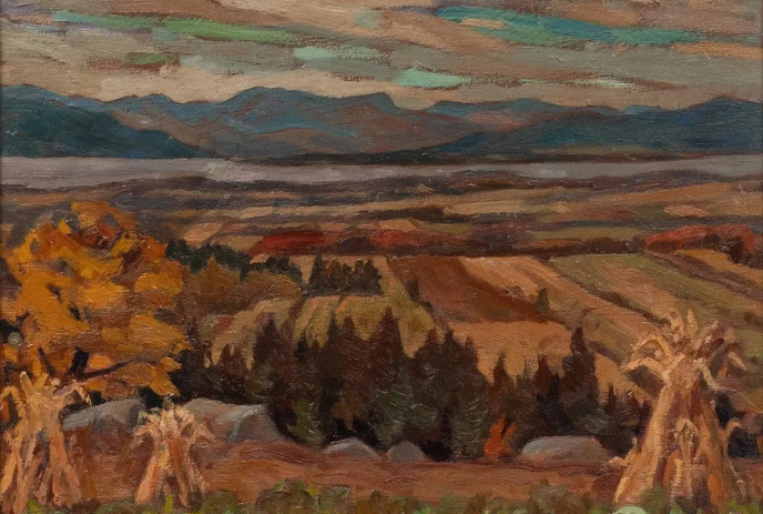 Sir Frederick Banting painting of an autumn landscape with rich earthy colours, blue mountains and cloudy sky.