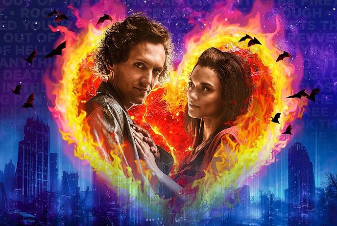 Fiery heart embraces two lovers amid bats and a ruined cityscape.