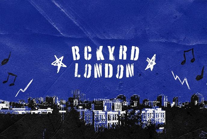 City skyline in blue hues with musical notes and zigzags dancing across the night sky, evoking urban rhythm.