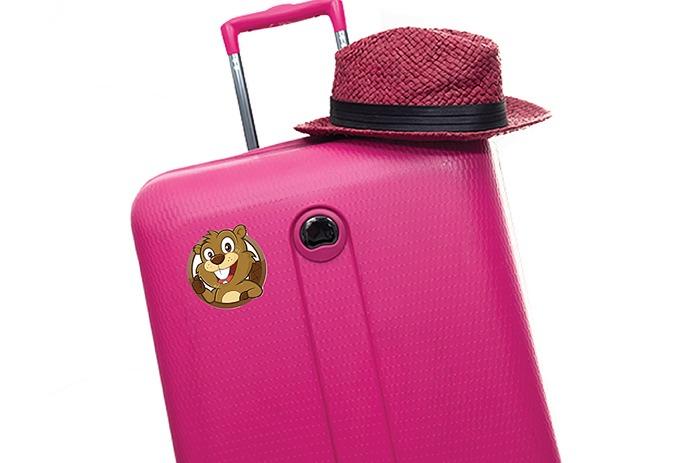 Pink suitcase with a beaver sticker and a pink hat on top.