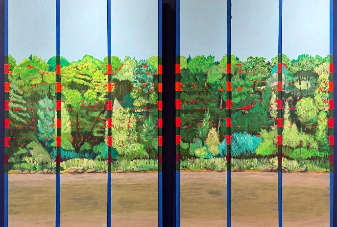 Painted forest scene with green foliage divided by blue vertical lines and red geometric accents
