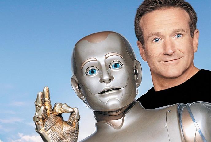Gold humanoid robot sitting beside child at piano with both looking at each other in warm indoor setting.