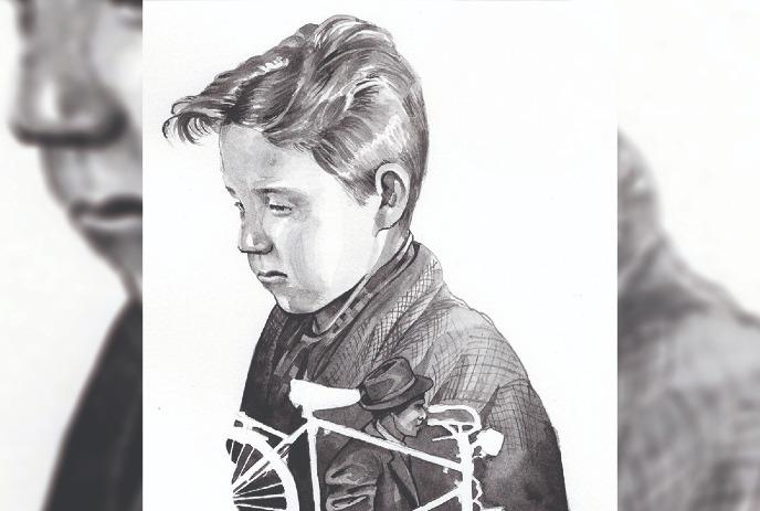 A black and grey drawing of a boy, a bicycle, and a man.