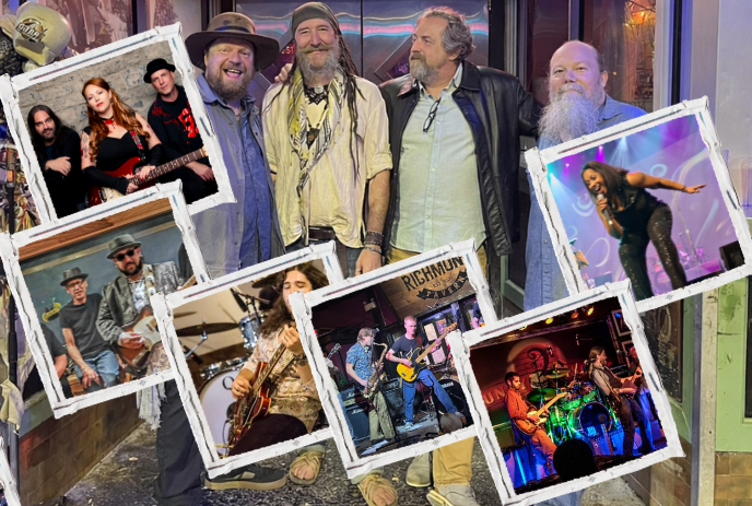 Music collage with central group portrait surrounded by bright stage scenes of guitarists, singers and drummers.