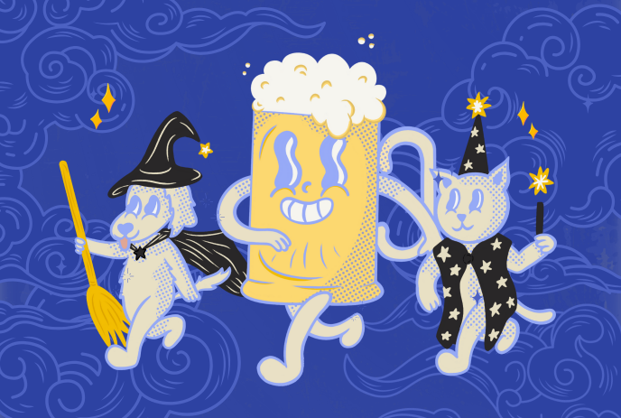 Wizard dog, smiling beer mug, and wizard cat joyfully walk together on blue background with swirling clouds.
