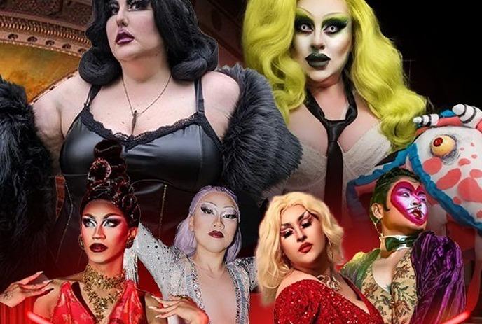 Group photo of numerous different drag queens.