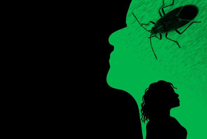 Green profile silhouette with a large insect near the head and a smaller dark figure in front.