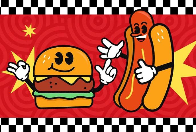 A retro cartoon illustration of a hamburger and hot dog with eyes and hands with white gloves