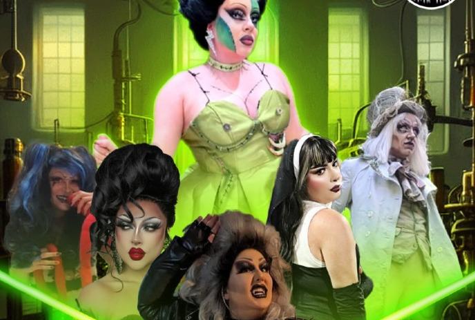 Collage of different drag queens with green lights highlighting them.