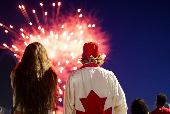 Fireworks sparkle in red, gold, blue, and white against the dark sky, capturing a festive night moment.