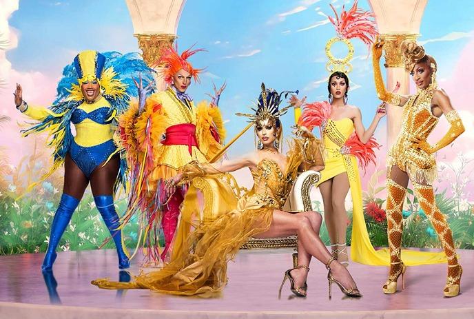 Various drag queens dressed in brightly coloured costumes