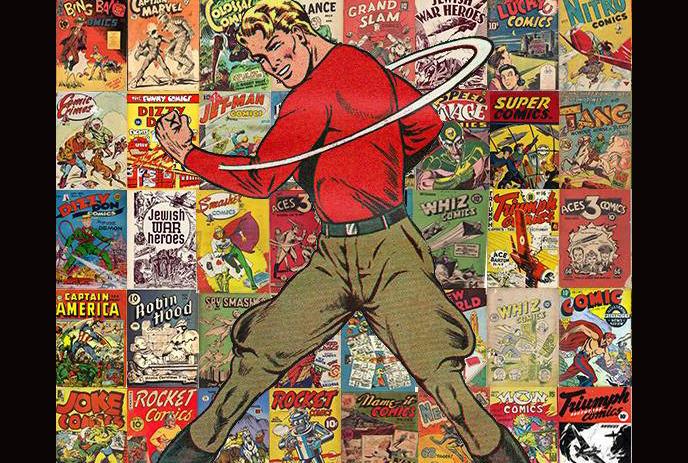 Illustration of a muscular man in a red top and, set against a colorful background of various vintage comic book covers.