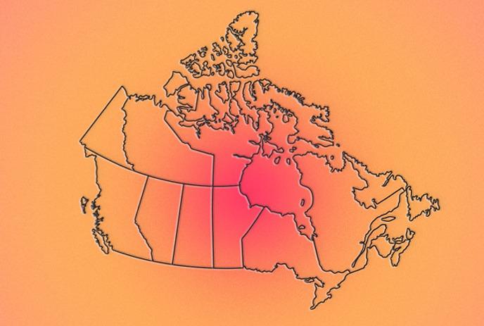 A colorful map of Canada fades from pink to yellow, highlighting central regions in red for emphasis.