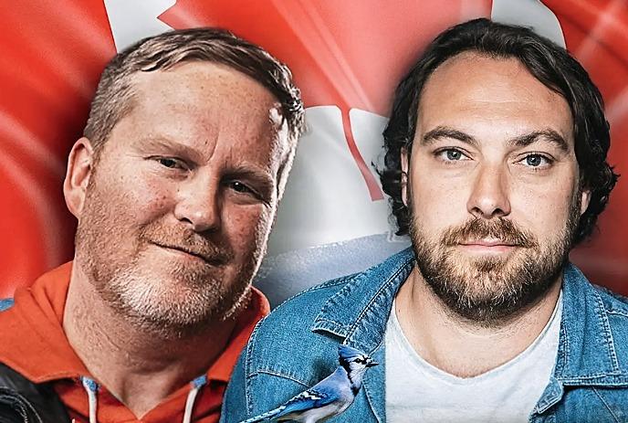 Two comedians before large Canadian flag smiling for a picture.