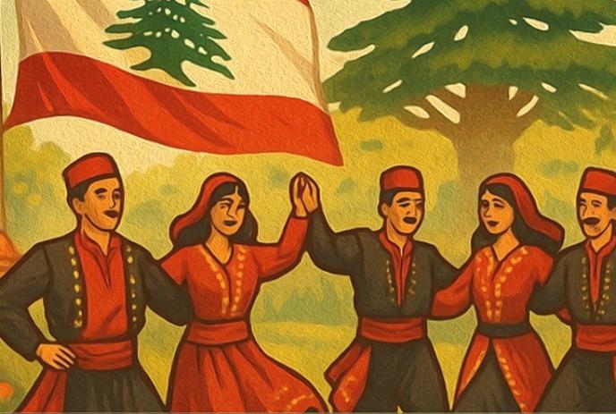 Illustration of people in traditional attire dancing, holding hands, with a flag and greenery in the background.