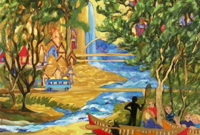 Colorful riverside scene with canoes, people, bright houses, trees, waterfall and bridges in whimsical style.