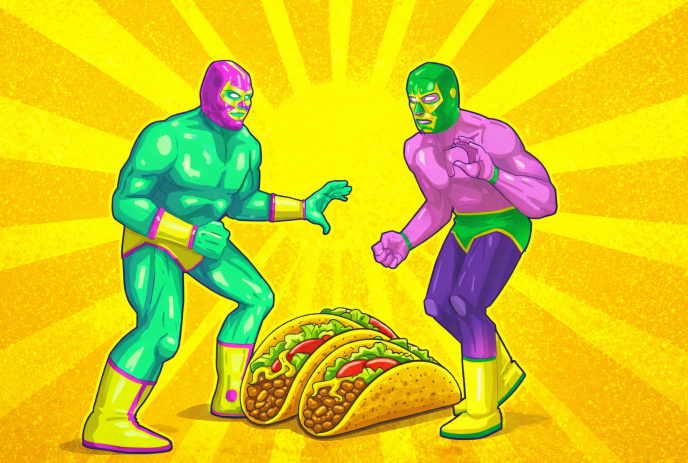 Two wrestlers face off with the tacos on a radiant yellow background with comic-style energy.