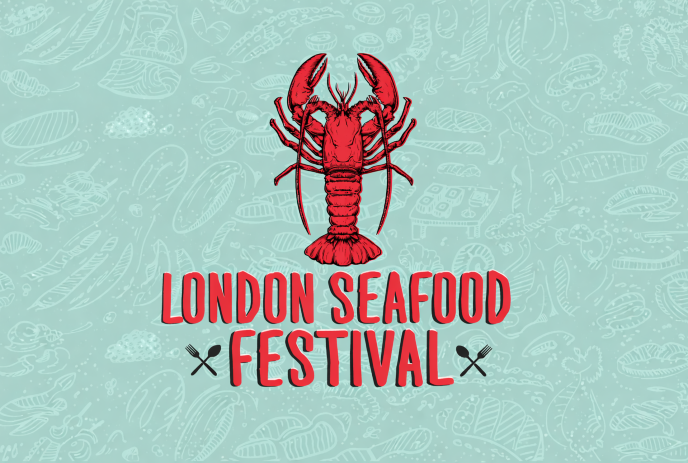 Illustration of red lobsters and ocean waves on a pale blue background, with text saying 