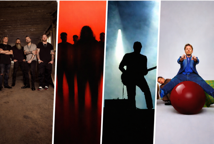 Four music acts in collage: gritty band in shadows, red silhouettes, moody solo guitarist, and playful duo.