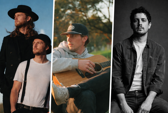 Three artists in collage: duo under blue sky, guitarist in woods, and black and white portrait in denim.