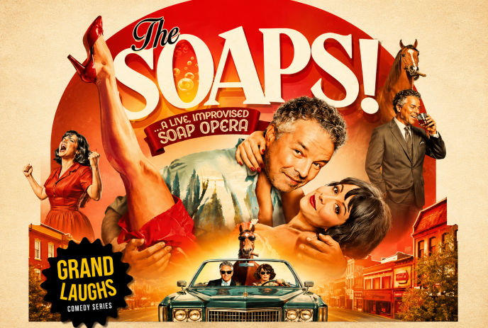 Retro poster with dramatic soap opera cast posing in town scene featuring car horse and bold red dress