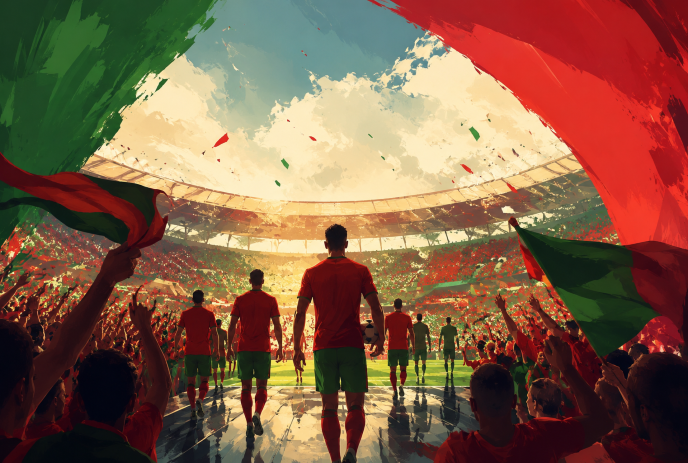 Stylized football stadium scene with Portugal colors, players entering pitch, cheering crowd.