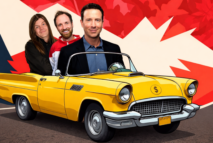Three artists posing behind a cartoon yellow car with a dollar sign against a bold red background.