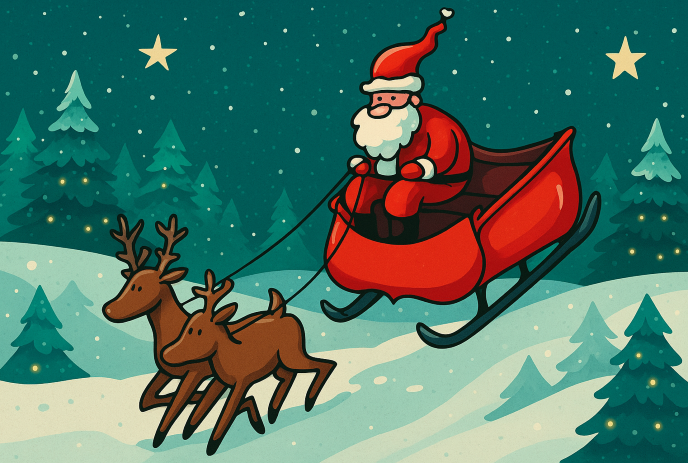 Santa rides red sleigh pulled by reindeer through snowy hills, starry teal sky, pine trees, and snowflakes.