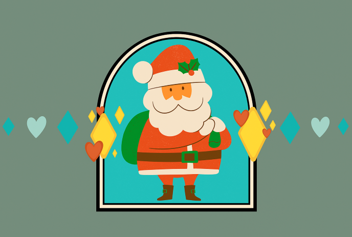 Cartoon Santa Claus in red suit stands inside festive arch, surrounded by colorful hearts and diamonds on green background.