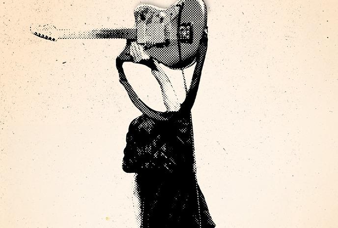 Figure lifts guitar high in bold style under a cream background.