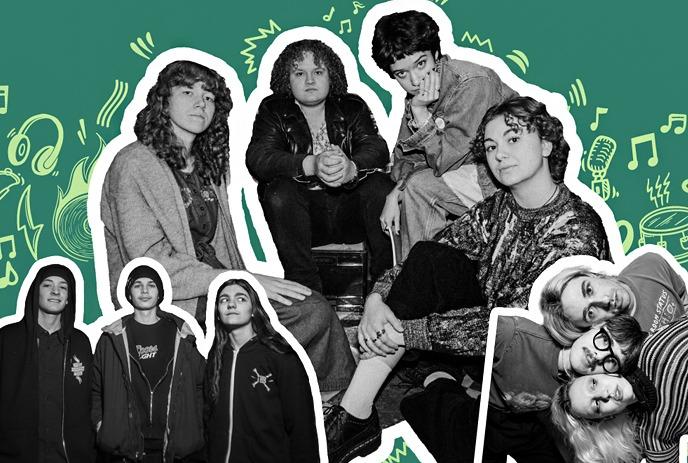 Collage of people all posing for the camera with a green background.