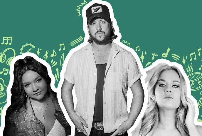 Collage of three separate singers with a green background and musical notes behind them.