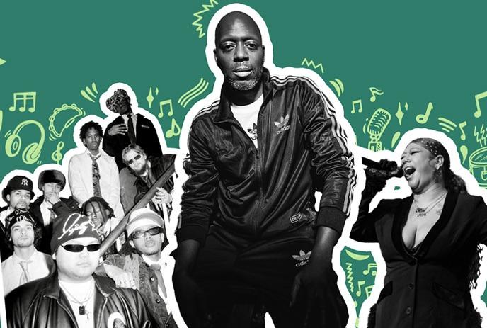 Collage of singers altogether with a green background behind them.