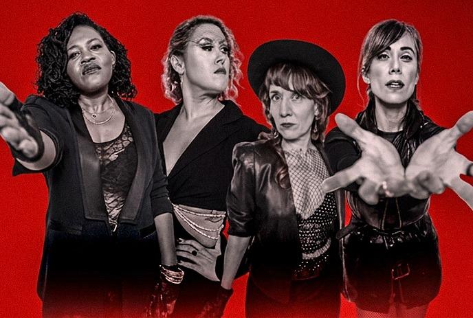 Three stylish artists in red tint pose against black backdrop with bold outfits.