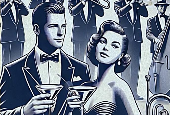 A stylish couple in formal attire toasts with martinis while a jazz band plays in the background.