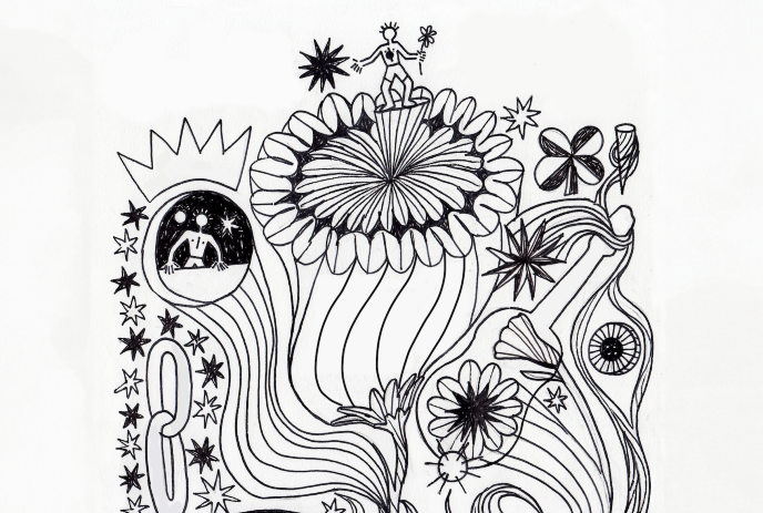 A black and white abstract drawing with whimsical elements like stars, a sun, a flower, and organic shapes.