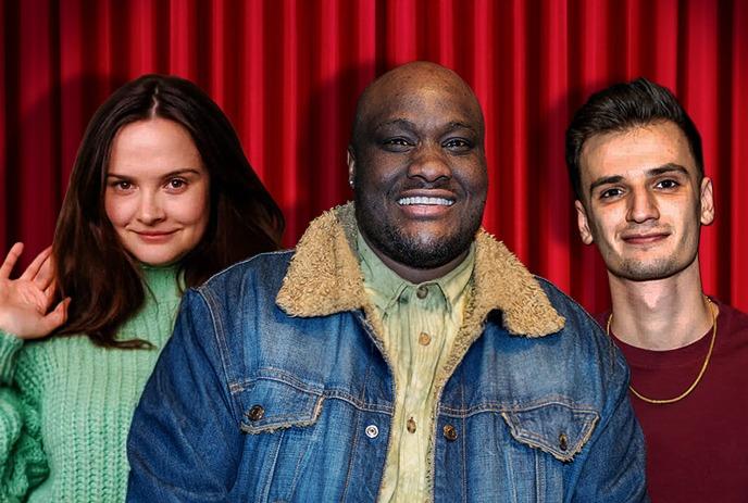 Photos of Gee Gethiga, Steph Neale and Chris Gerassimou in front of a red curtain.