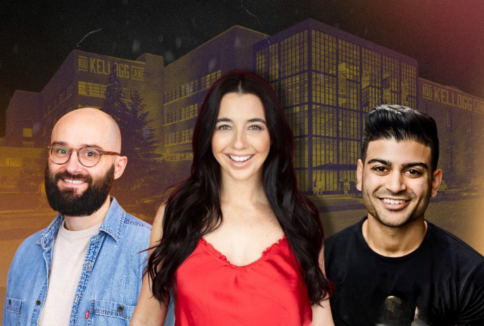 Smiling artists, with a metallic photo of 100 Kellogg building in the background.