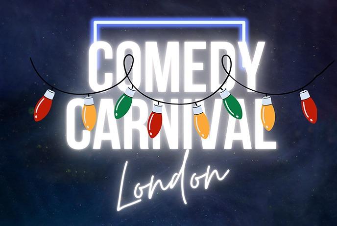 Comedy Carnival London graphic with Christmas lights around it.