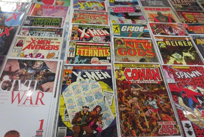 A display of various comic books.