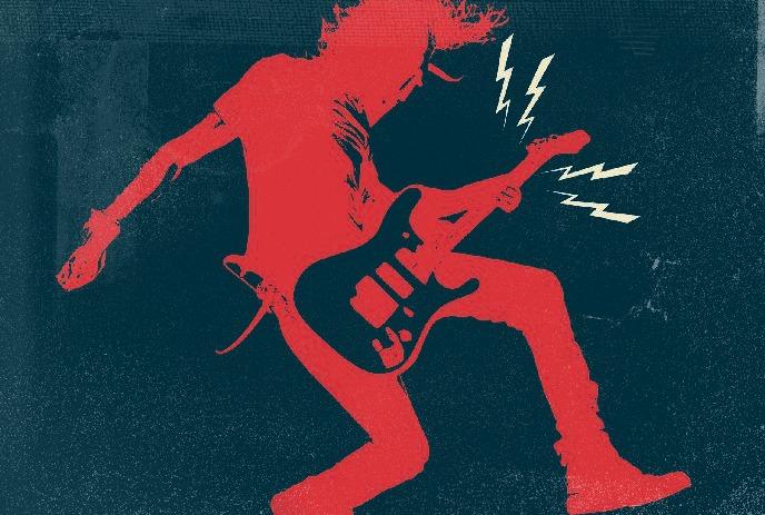 Red figure rocks electric guitar as bolts fly, silhouetted against bold blue—pure energy on stage.