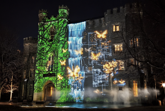 Court House lit at night with vivid projections: green foliage, waterfall, butterflies, and blueprint designs.