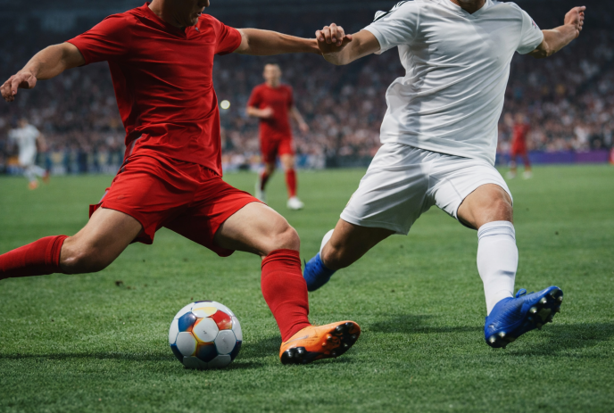 Two soccer players in red and white uniforms competing for ball possession on green field before stadium crowd.