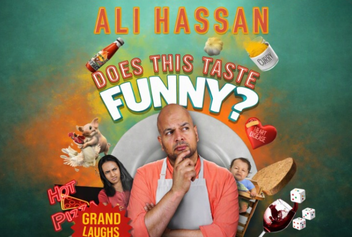 Comedian ali hassan posing amid food icons with baby closed mouth and bright comic poster backdrop.