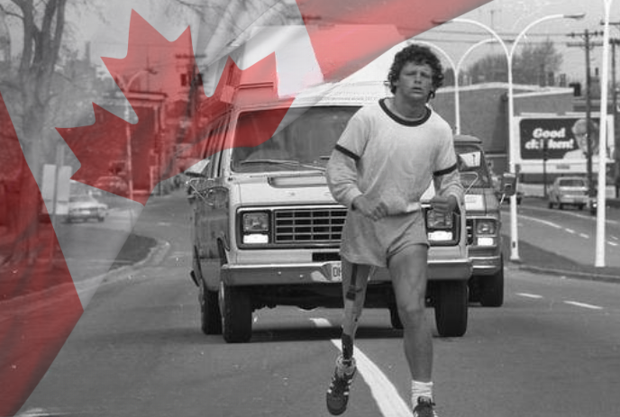 A man with a prosthetic leg runs on a street, Canadian flag overlay, van in a black and white picture.