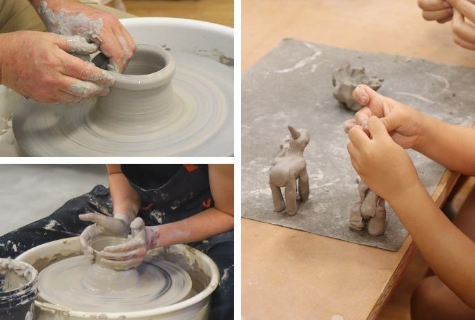 Hands shaping clay on spinning wheels and sculpting small figures, showing varied pottery techniques.