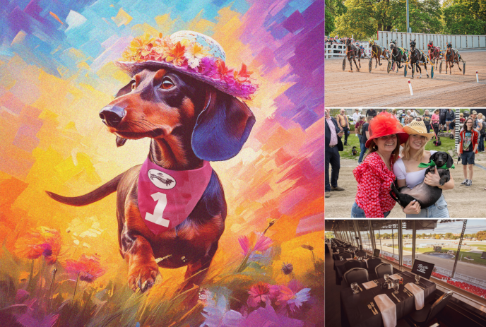 A collage of dog racing event images: dachshund in flower hat, racing dogs, spectators, and dining area.