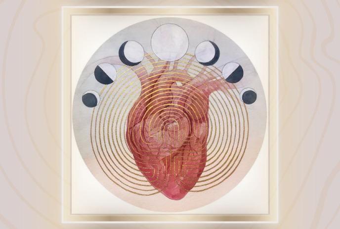 Abstract artwork with a red and gold patterned heart surrounded by circles in a white frame.